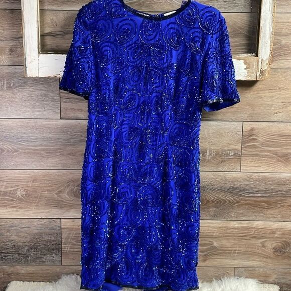 STENAY Vintage 100% Silk Sequined Royal Blue Cocktail Dress Above Knee Size 10 - Picture 3 of 11